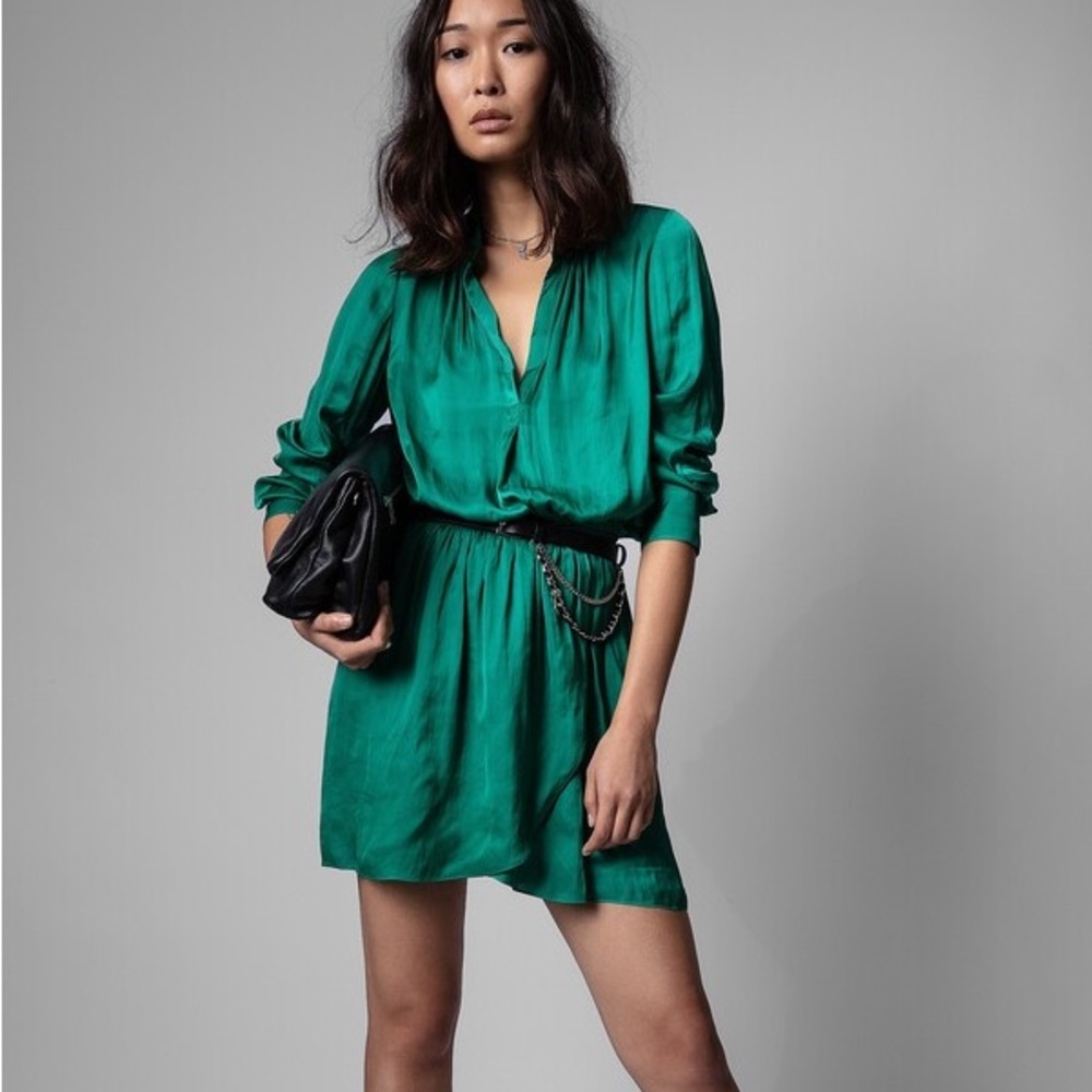 Green satin long sleeve mini dress by Zadig & Voltaire